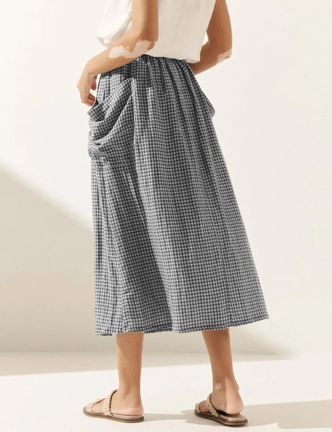 MISSACTIVER Plaid Skirts for Women Elastic Waist Midi Skirt with Pockets Vintage Flowy Gingham Long Skirt