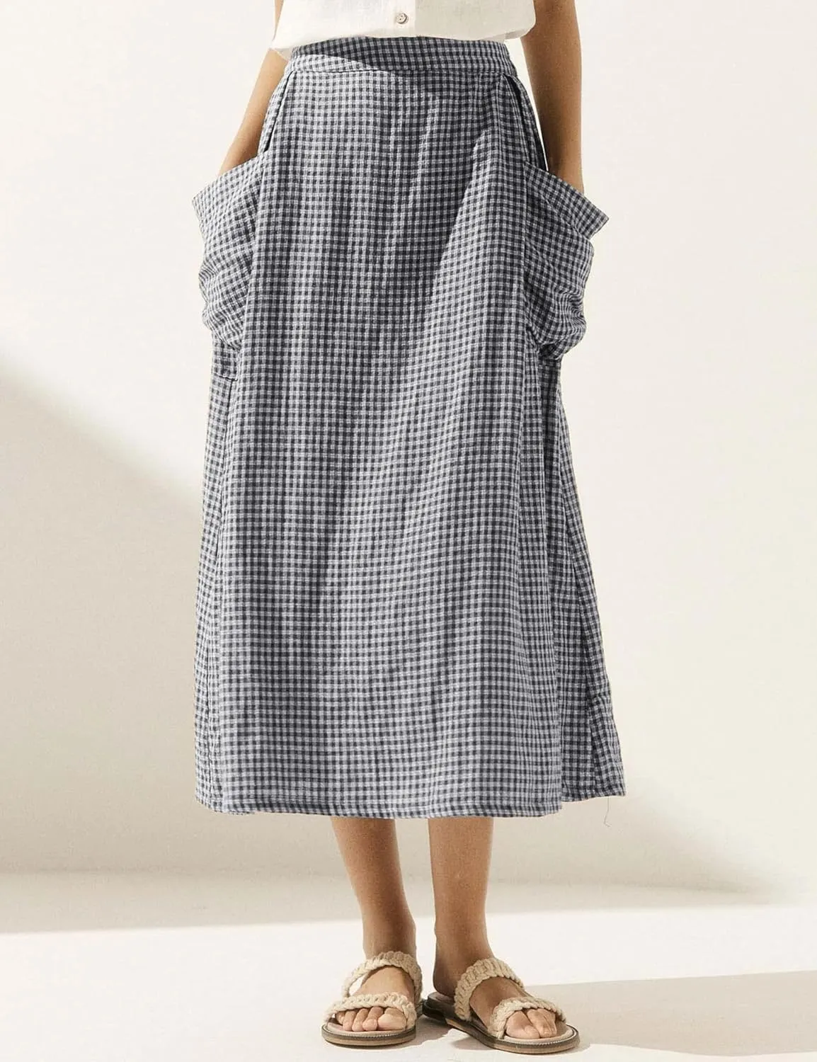 MISSACTIVER Plaid Skirts for Women Elastic Waist Midi Skirt with Pockets Vintage Flowy Gingham Long Skirt