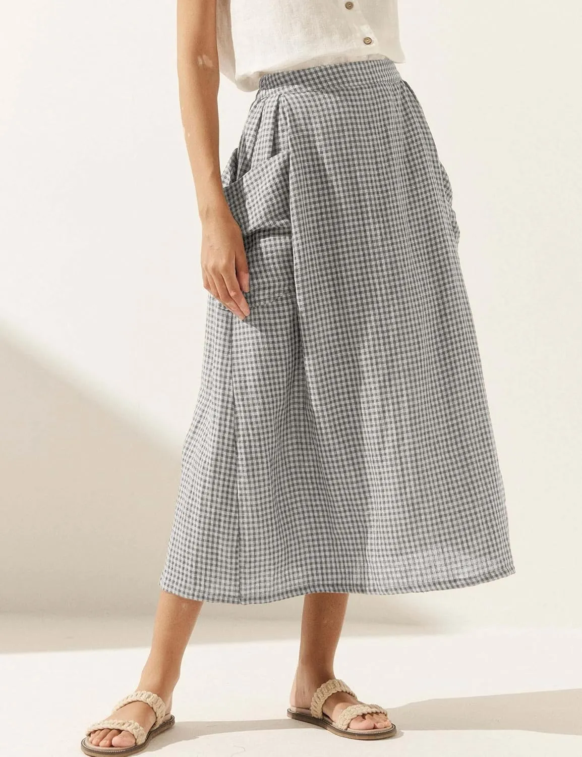 MISSACTIVER Plaid Skirts for Women Elastic Waist Midi Skirt with Pockets Vintage Flowy Gingham Long Skirt