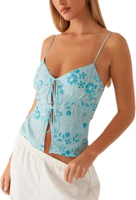 MISSACTIVER Womens Y2K Sequin Cami Tops Sexy Sparkle Lace Up Crop Top Tie Front Backless Low Cut V-Neck Straps Tank Top