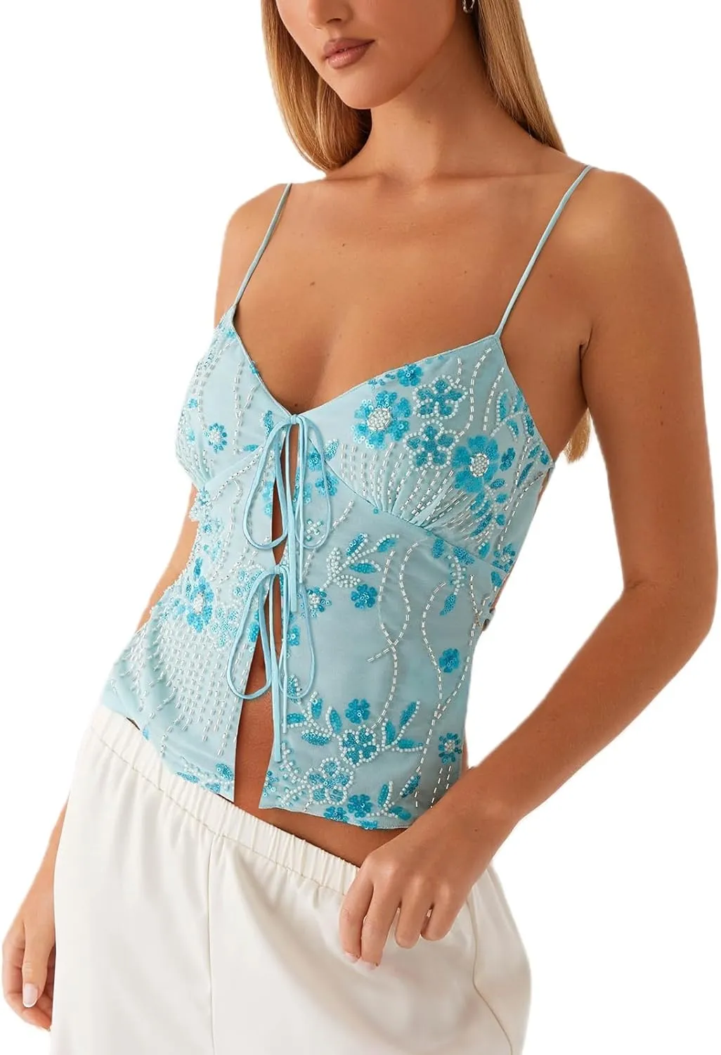 MISSACTIVER Womens Y2K Sequin Cami Tops Sexy Sparkle Lace Up Crop Top Tie Front Backless Low Cut V-Neck Straps Tank Top