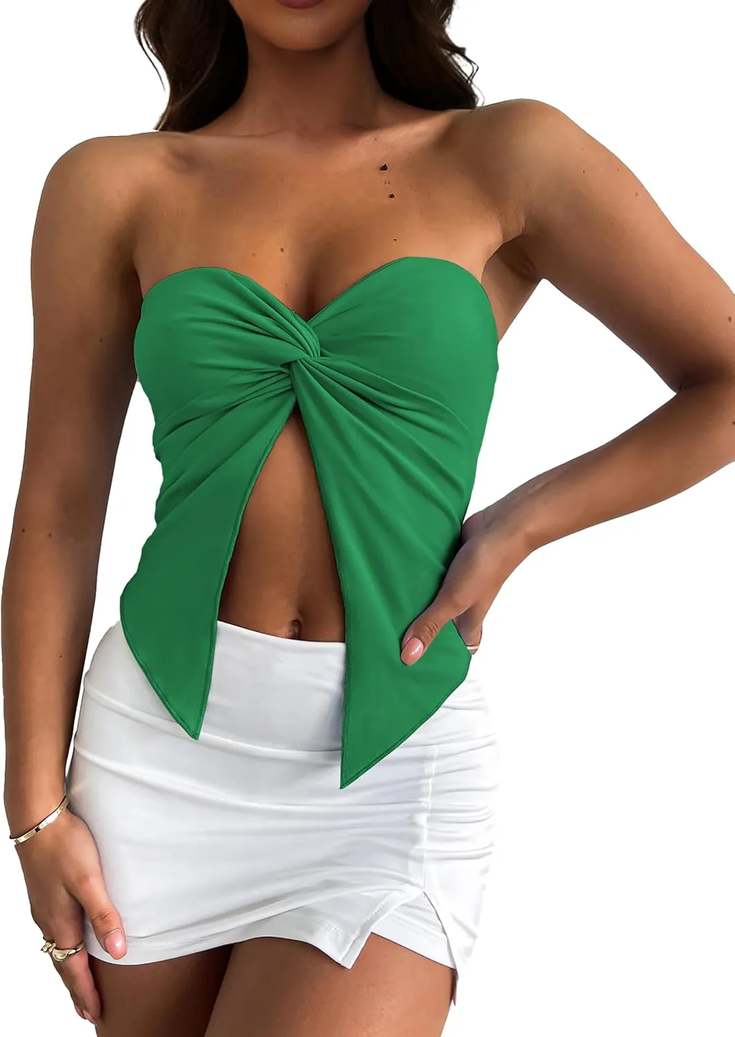 MISSACTIVER Womens Y2K Sexy Twist Front Tube Top Strapless Sleeveless Solid Cut-Out Midriff Crop Tops Tank Top