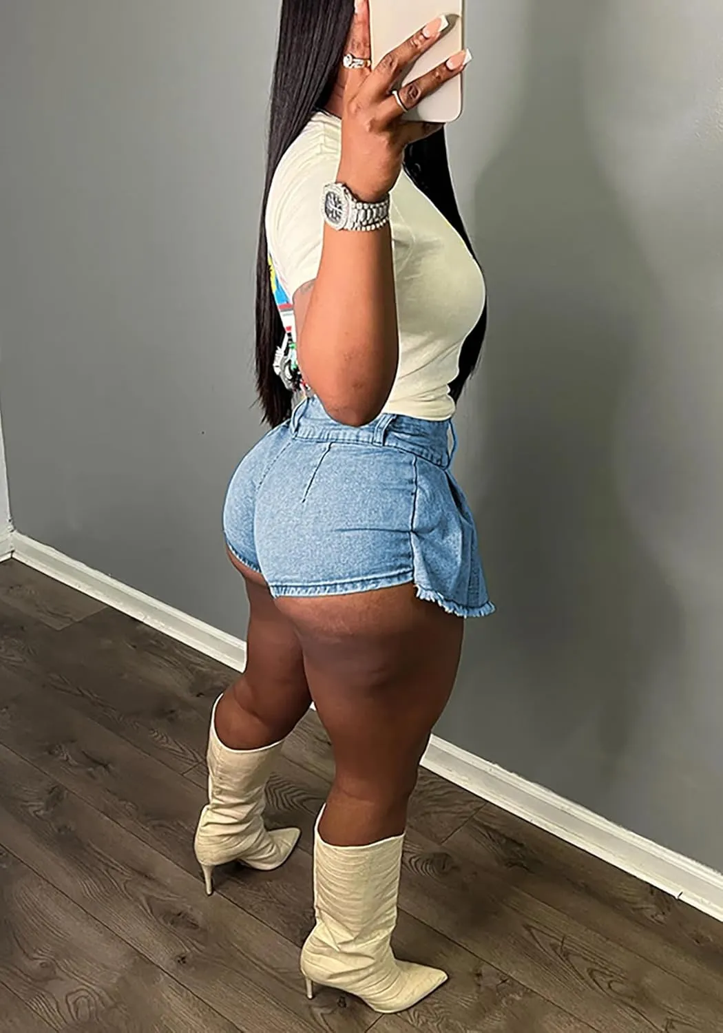 Molisry Women's Denim Shorts Skorts High Waist Double Side Asymmetrical Hem Jean Skort Skirt