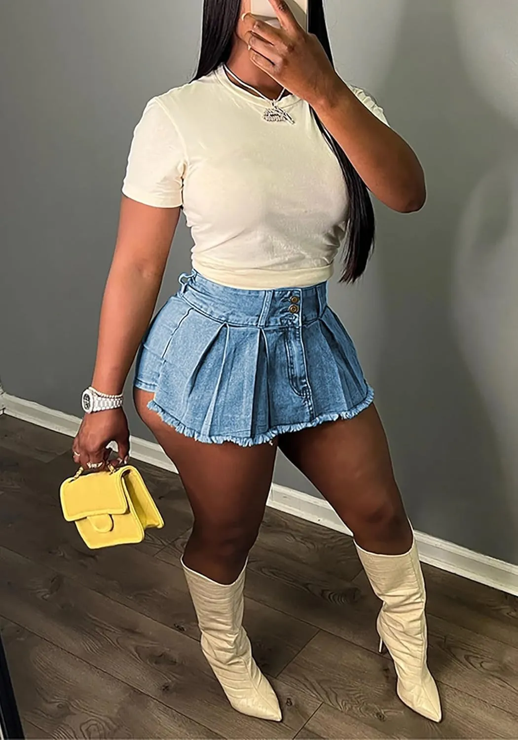 Molisry Women's Denim Shorts Skorts High Waist Double Side Asymmetrical Hem Jean Skort Skirt