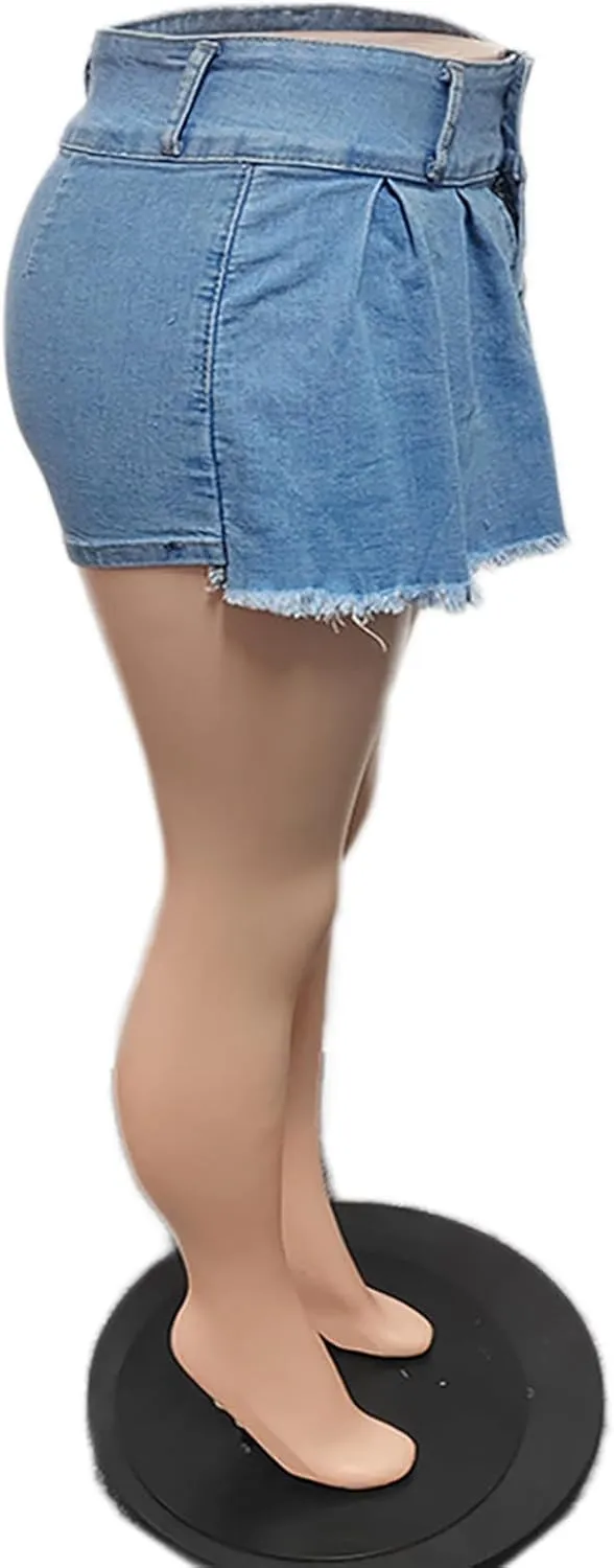 Molisry Women's Denim Shorts Skorts High Waist Double Side Asymmetrical Hem Jean Skort Skirt