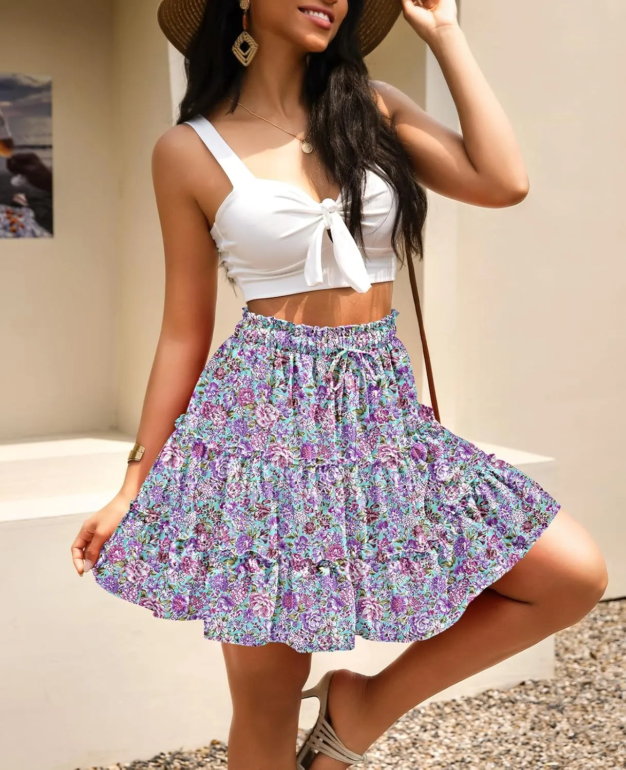 NASHALYLY Women's Summer Boho Floral Print Mini Skirt High Waist Drawstring Tiered Skirts