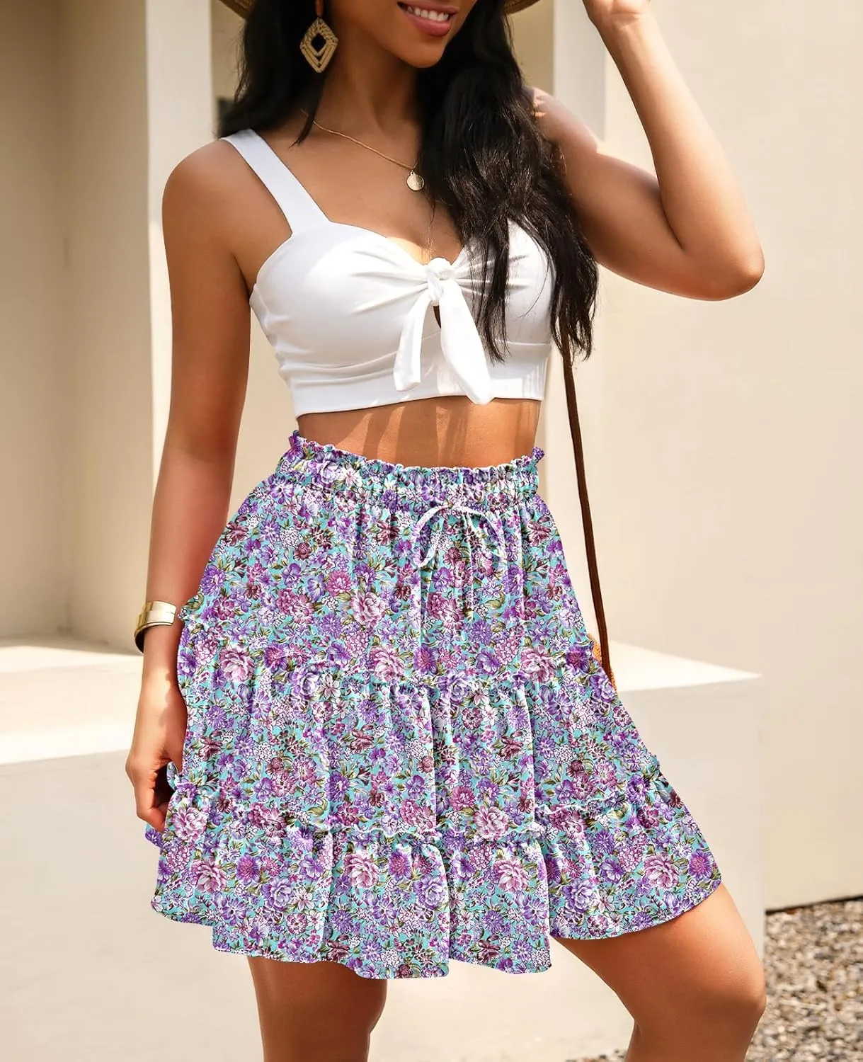 NASHALYLY Women's Summer Boho Floral Print Mini Skirt High Waist Drawstring Tiered Skirts
