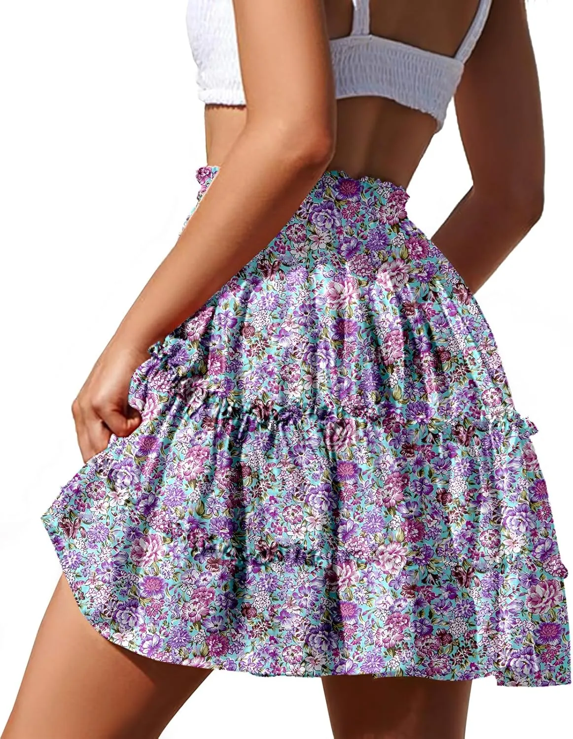 NASHALYLY Women's Summer Boho Floral Print Mini Skirt High Waist Drawstring Tiered Skirts