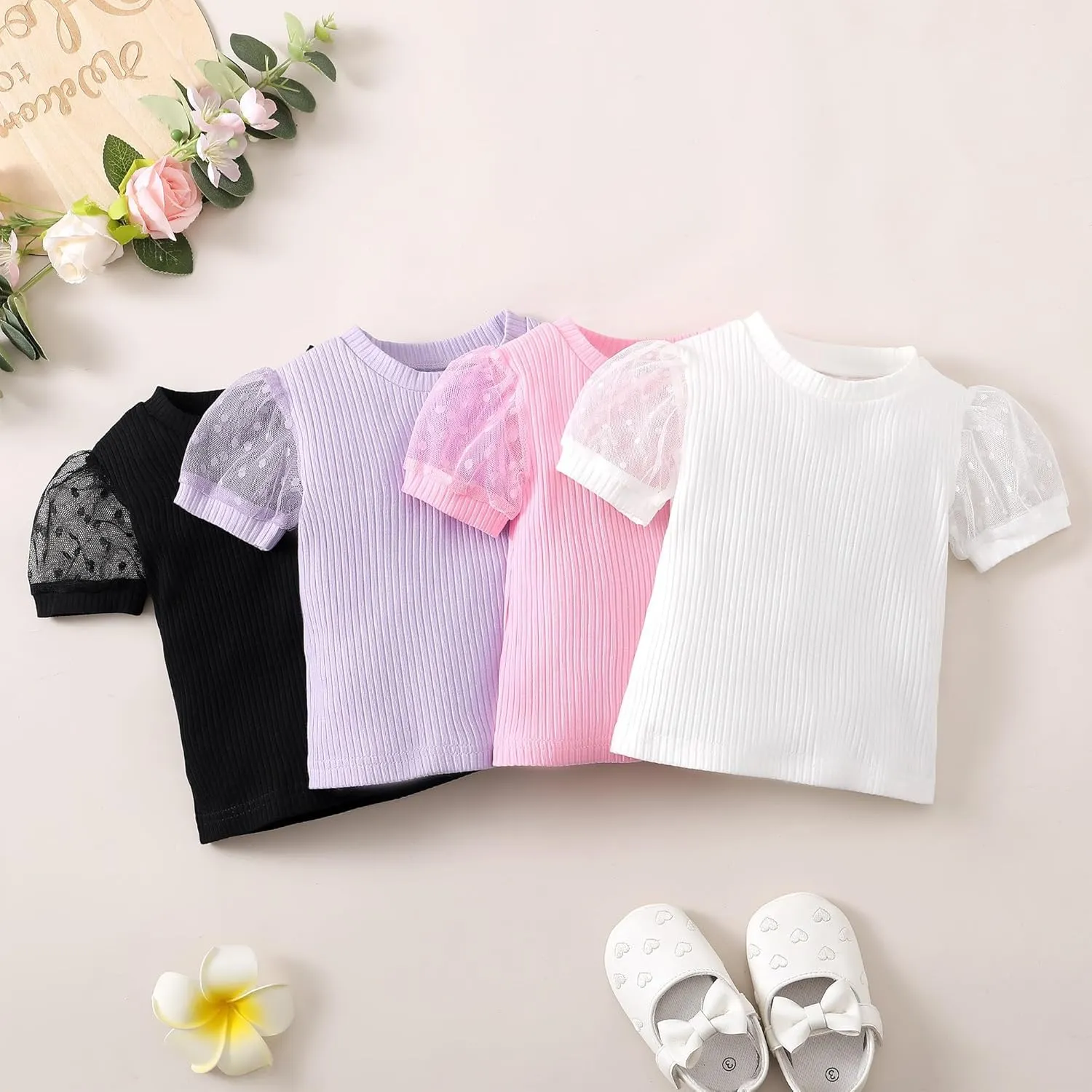 OPAWO Toddler Girl Shirts, Puff Dot Sleeve Baby Tee Shirt, Ribbed Short Sleeve T-Shirt, Solid Color Girls Tshirt Tops, 12M-7Y