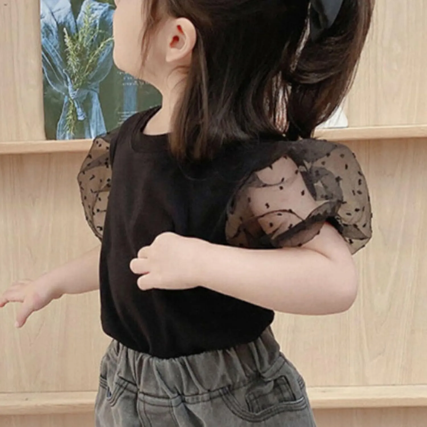 OPAWO Toddler Girl Shirts, Puff Dot Sleeve Baby Tee Shirt, Ribbed Short Sleeve T-Shirt, Solid Color Girls Tshirt Tops, 12M-7Y