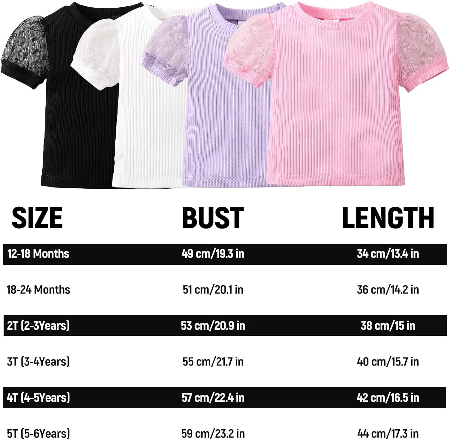 OPAWO Toddler Girl Shirts, Puff Dot Sleeve Baby Tee Shirt, Ribbed Short Sleeve T-Shirt, Solid Color Girls Tshirt Tops, 12M-7Y
