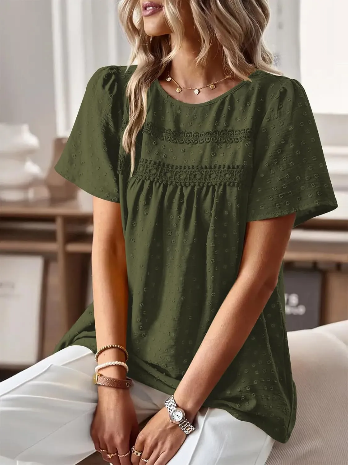 Poetsky Womens Summer Boho Tops Crewneck Short Sleeve Babydoll Shirts Casual Chiffon Work Blouses 2025 Trendy