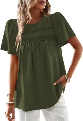 Poetsky Womens Summer Boho Tops Crewneck Short Sleeve Babydoll Shirts Casual Chiffon Work Blouses 2025 Trendy