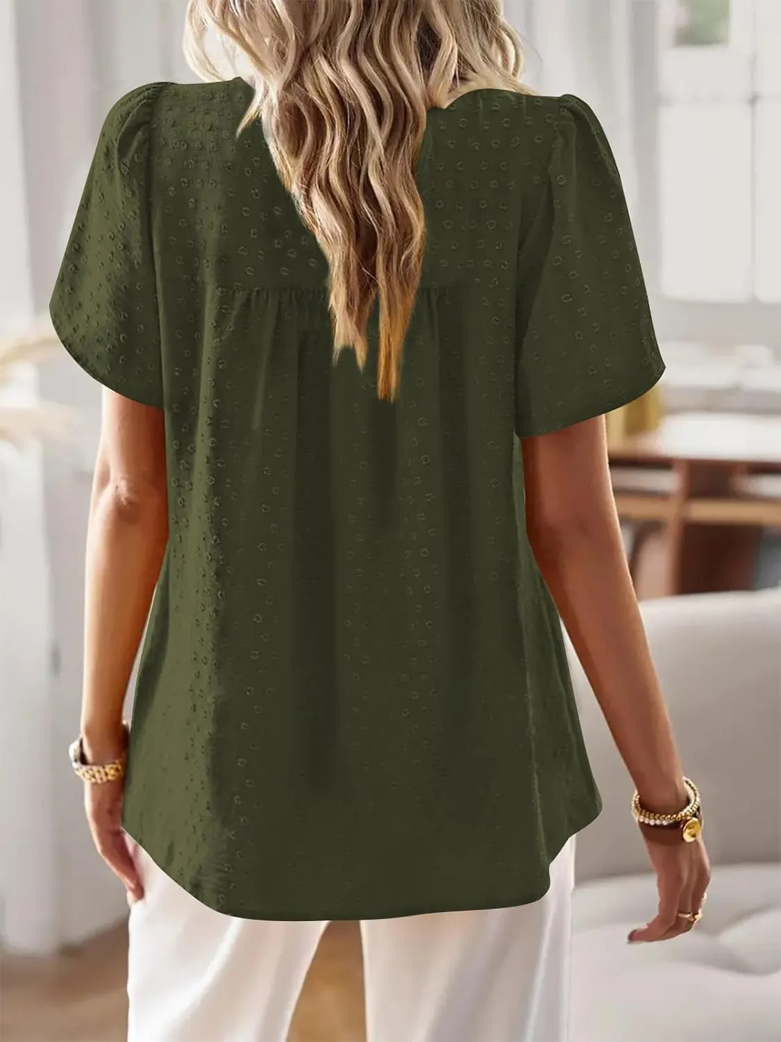 Poetsky Womens Summer Boho Tops Crewneck Short Sleeve Babydoll Shirts Casual Chiffon Work Blouses 2025 Trendy