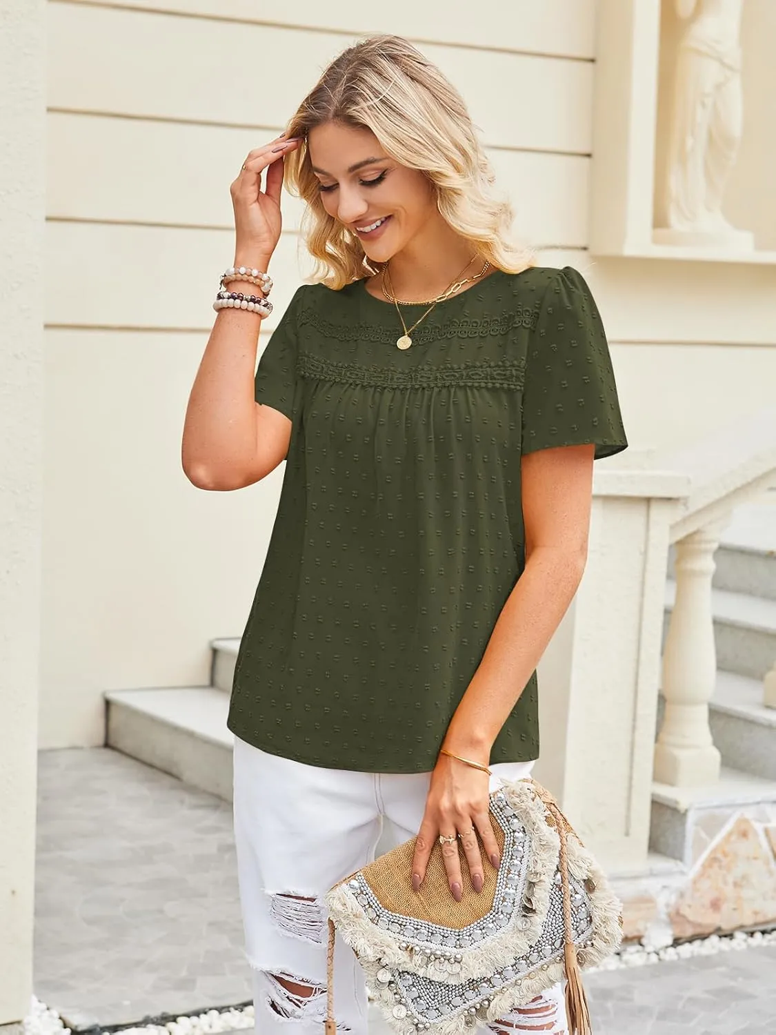 Poetsky Womens Summer Boho Tops Crewneck Short Sleeve Babydoll Shirts Casual Chiffon Work Blouses 2025 Trendy