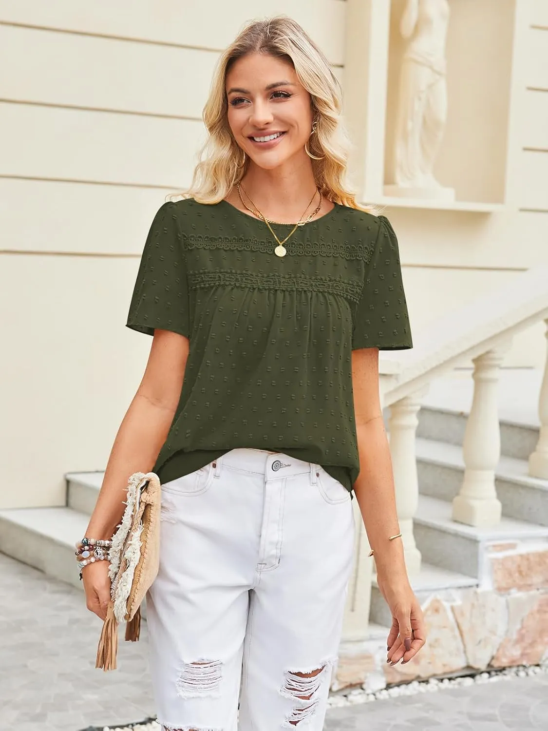 Poetsky Womens Summer Boho Tops Crewneck Short Sleeve Babydoll Shirts Casual Chiffon Work Blouses 2025 Trendy