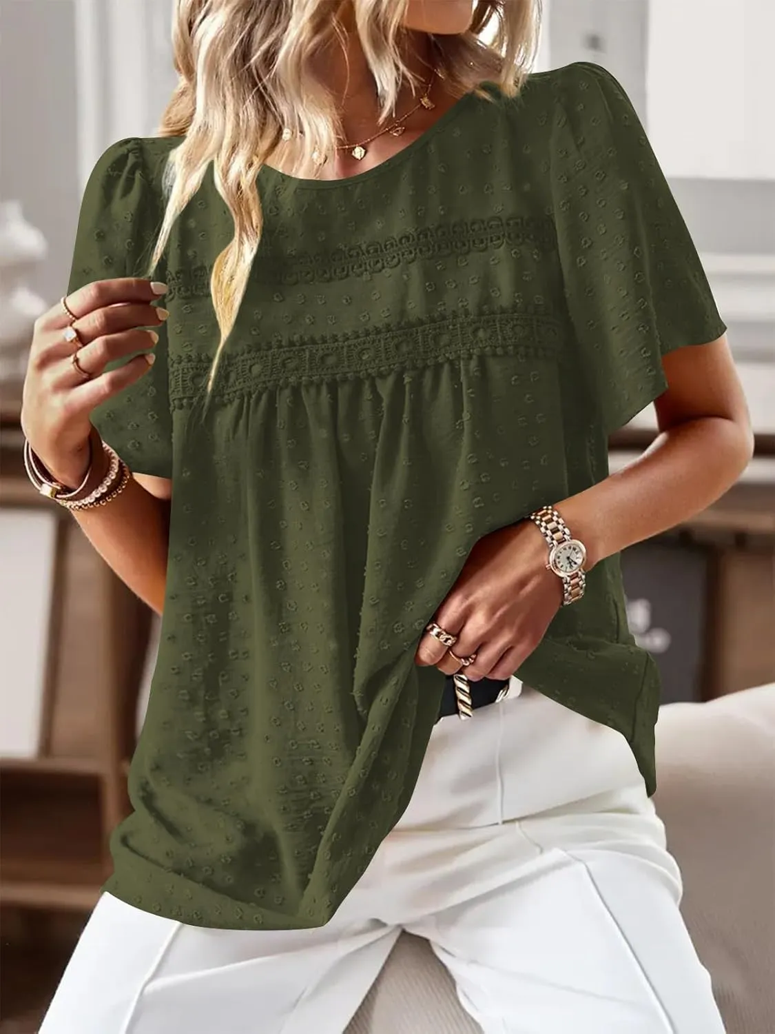 Poetsky Womens Summer Boho Tops Crewneck Short Sleeve Babydoll Shirts Casual Chiffon Work Blouses 2025 Trendy