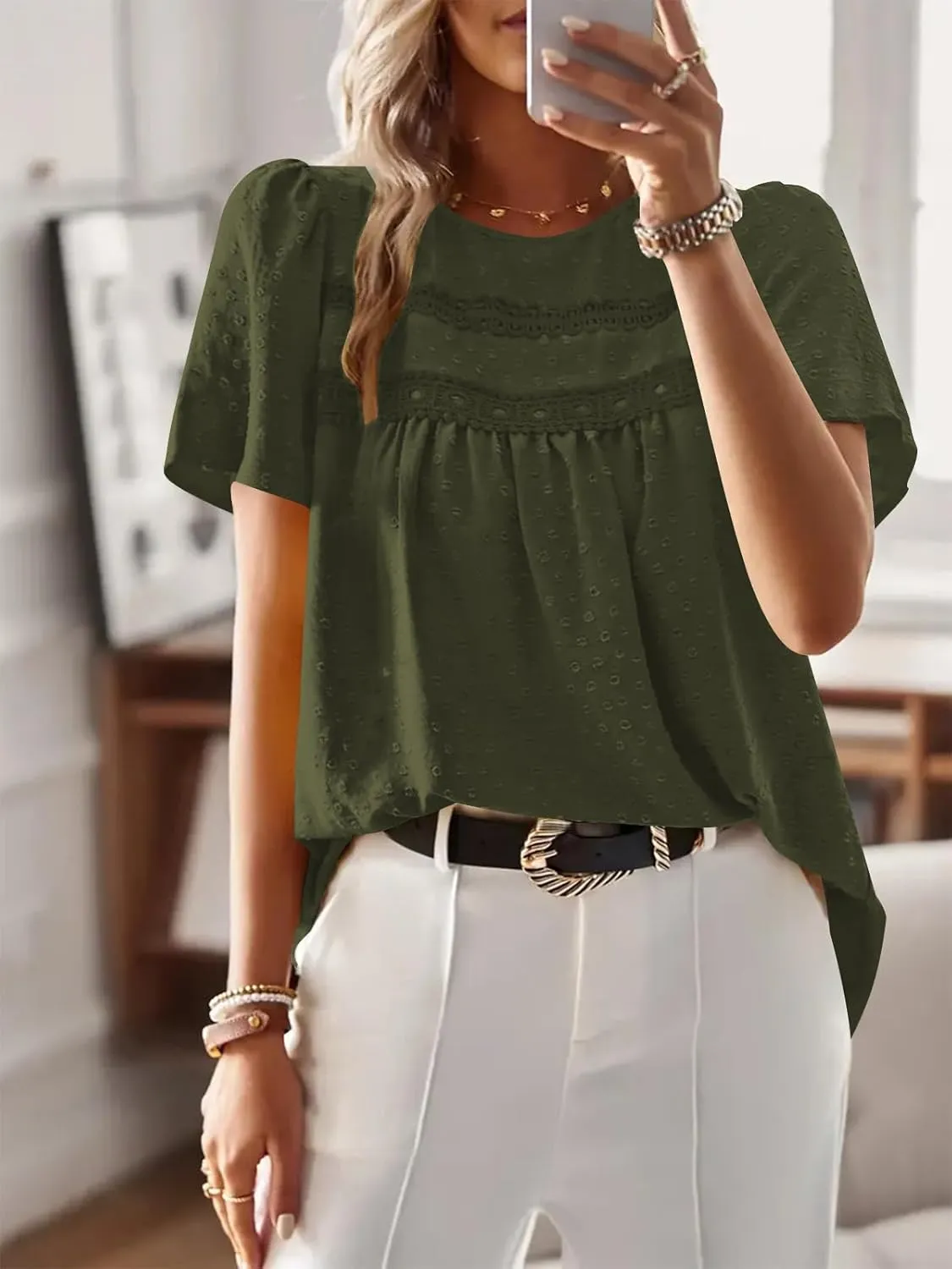 Poetsky Womens Summer Boho Tops Crewneck Short Sleeve Babydoll Shirts Casual Chiffon Work Blouses 2025 Trendy