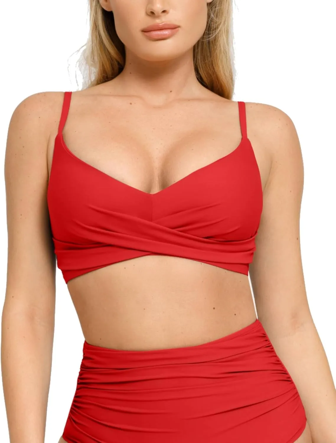 Popilush Bikini Top for Women - Twist Front V Neck Push Up Padded Swim Top with Adjustable Straps - Bathing Suit Top