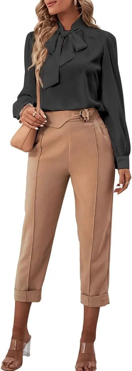 Rooscier Women's Bow Tie Neck Long Sleeve Buttton Cuff Chiffon Elegant Blouse