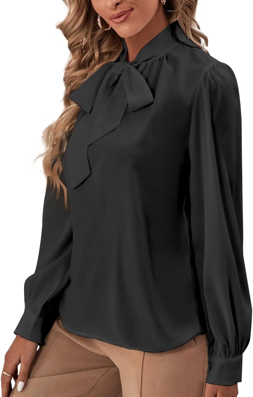 Rooscier Women's Bow Tie Neck Long Sleeve Buttton Cuff Chiffon Elegant Blouse