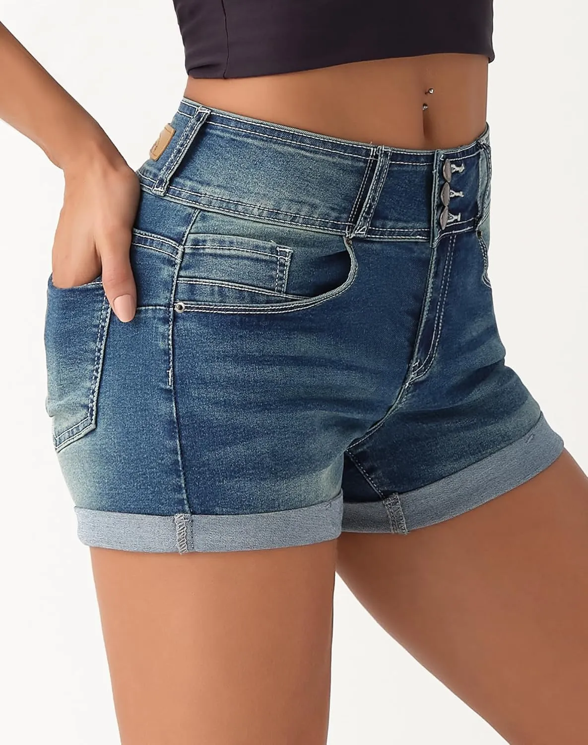 roswear Women's High Waisted Stretchy Denim Shorts Cuffed Jean Shorts