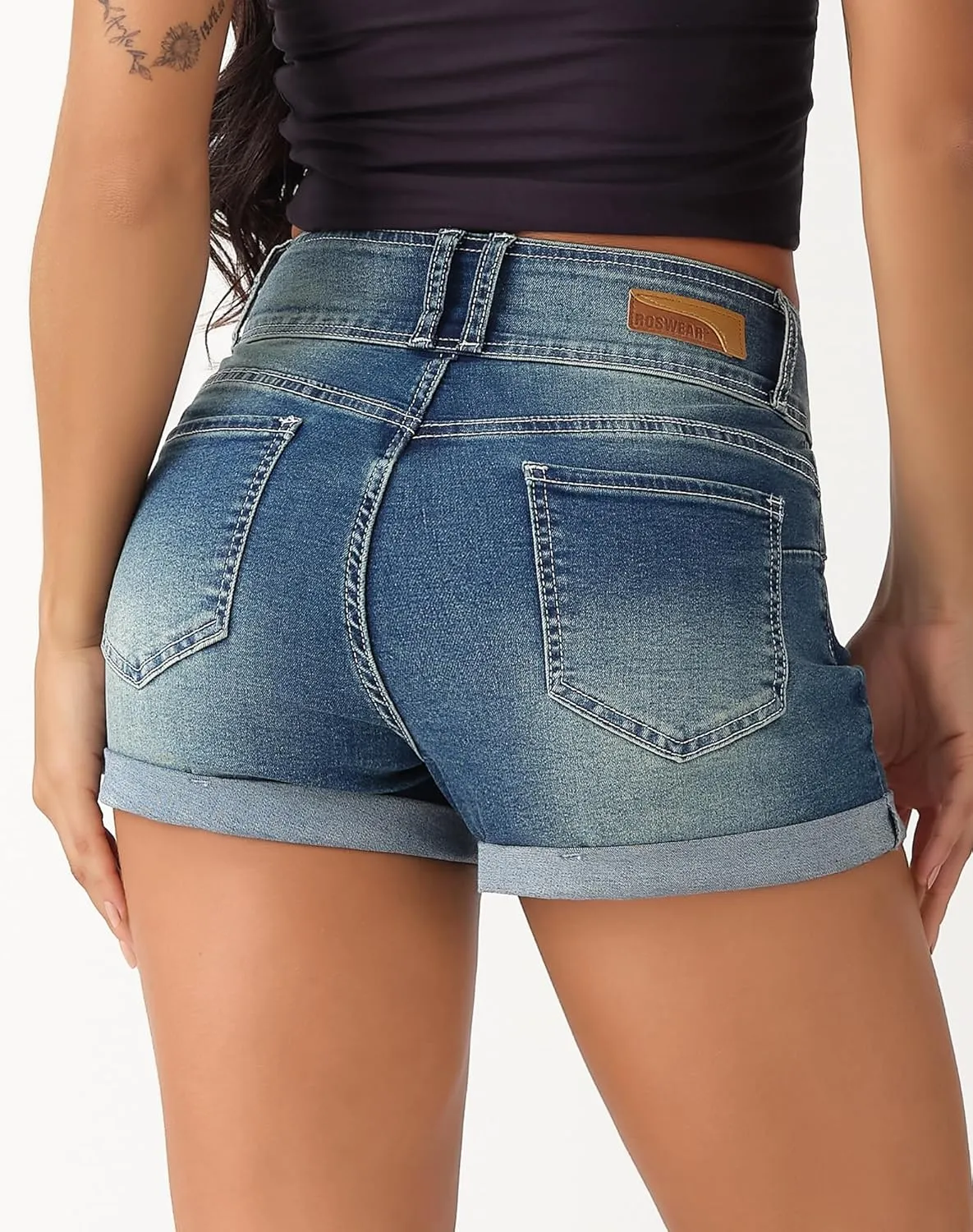roswear Women's High Waisted Stretchy Denim Shorts Cuffed Jean Shorts