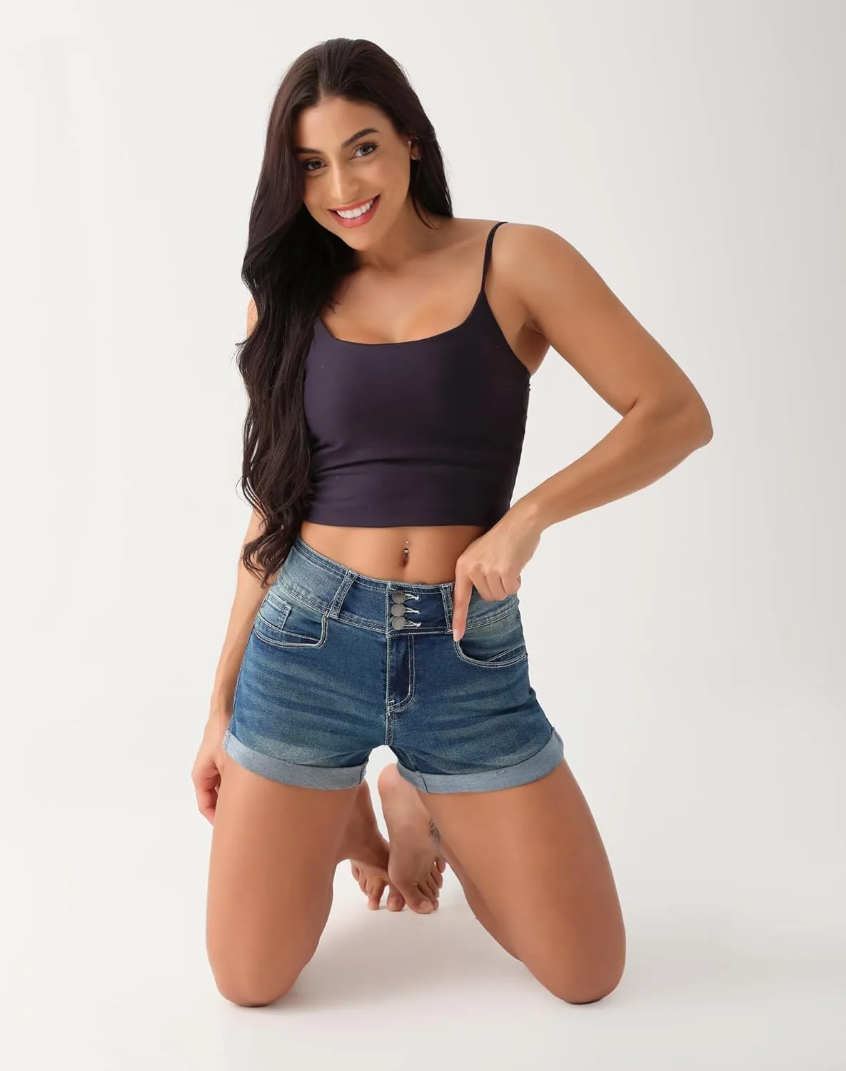 roswear Women's High Waisted Stretchy Denim Shorts Cuffed Jean Shorts