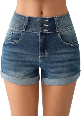 roswear Women's High Waisted Stretchy Denim Shorts Cuffed Jean Shorts