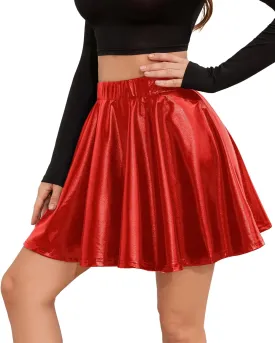Shiny Pleated Mini Skirt Metallic Skater Skirt, Great for Concerts and Cheerleader - Classic Style, Sparkly Skirt