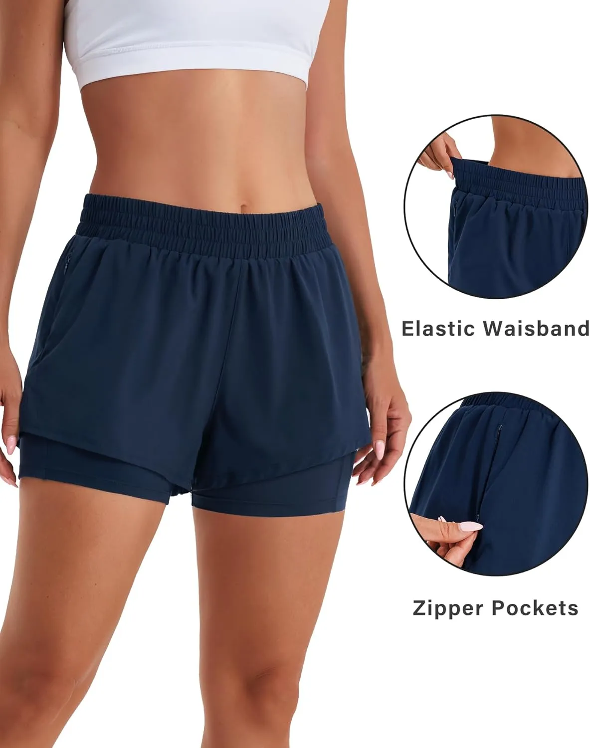 Stelle Women's 2 in 1 Running Shorts Athletic Workout Gym Shorts High Waisted Shorts with Liner Zipper Pockets