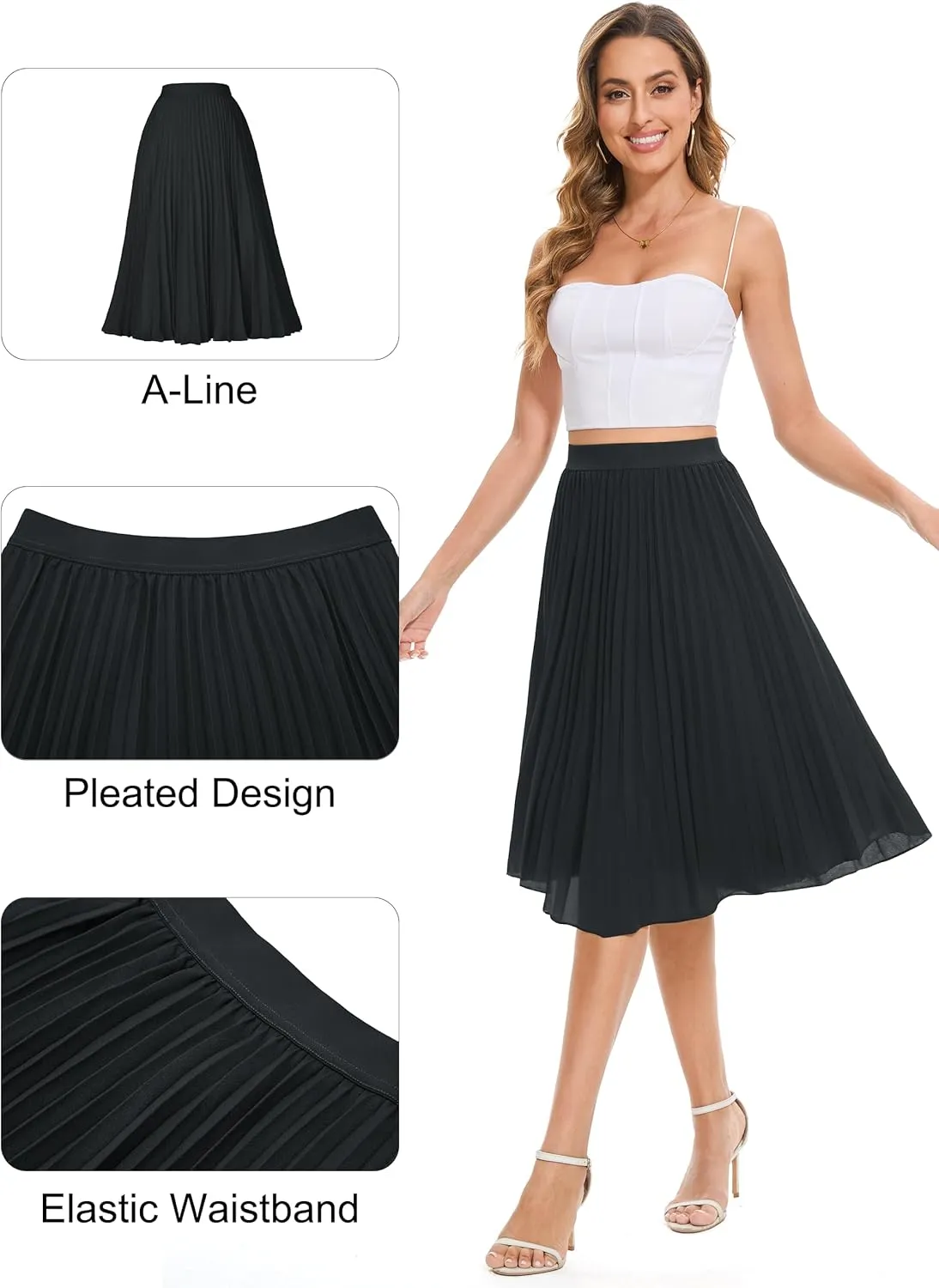 Tapata Women's Petite Regular Tall Pleated Chiffon Skirt Midi High Elastic Waist A Line Swing Skirts