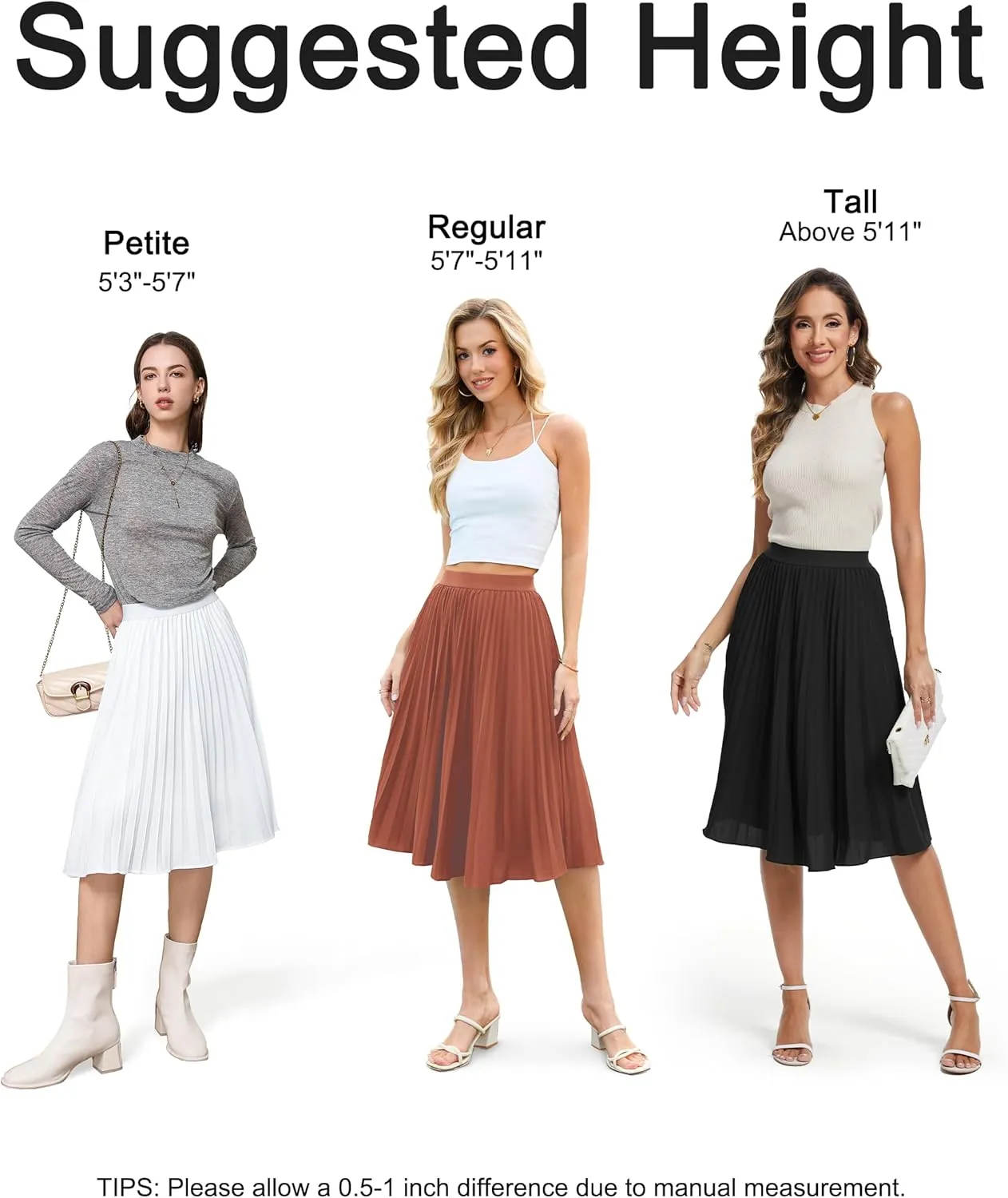 Tapata Women's Petite Regular Tall Pleated Chiffon Skirt Midi High Elastic Waist A Line Swing Skirts