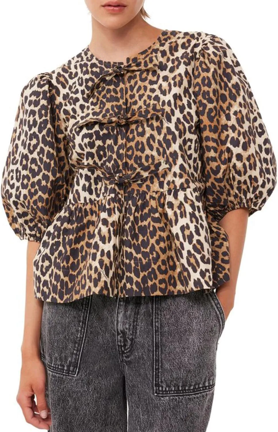 Tie Front Top Blouse Peplum Top Puff Sleeve Leopard Print Cheetah Print Bow Top Coquette Summer Trendy 2024