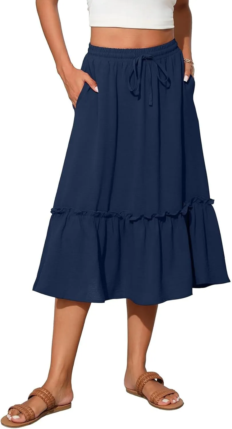 Tiered Midi Skirts for Women Flowy High Waisted Drawstring A Line Skirt with Pockets Summer Casual Cover Up Skirt