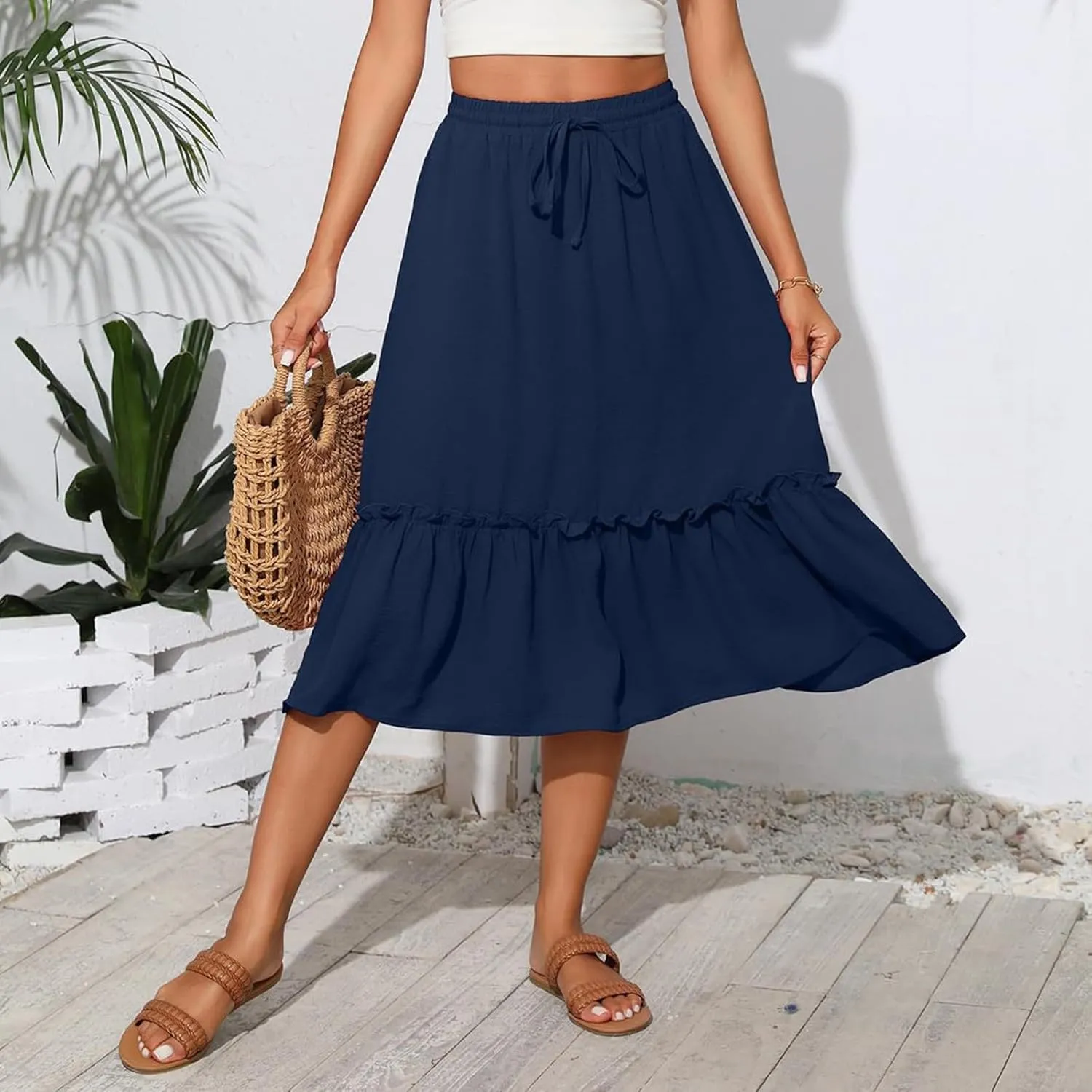 Tiered Midi Skirts for Women Flowy High Waisted Drawstring A Line Skirt with Pockets Summer Casual Cover Up Skirt