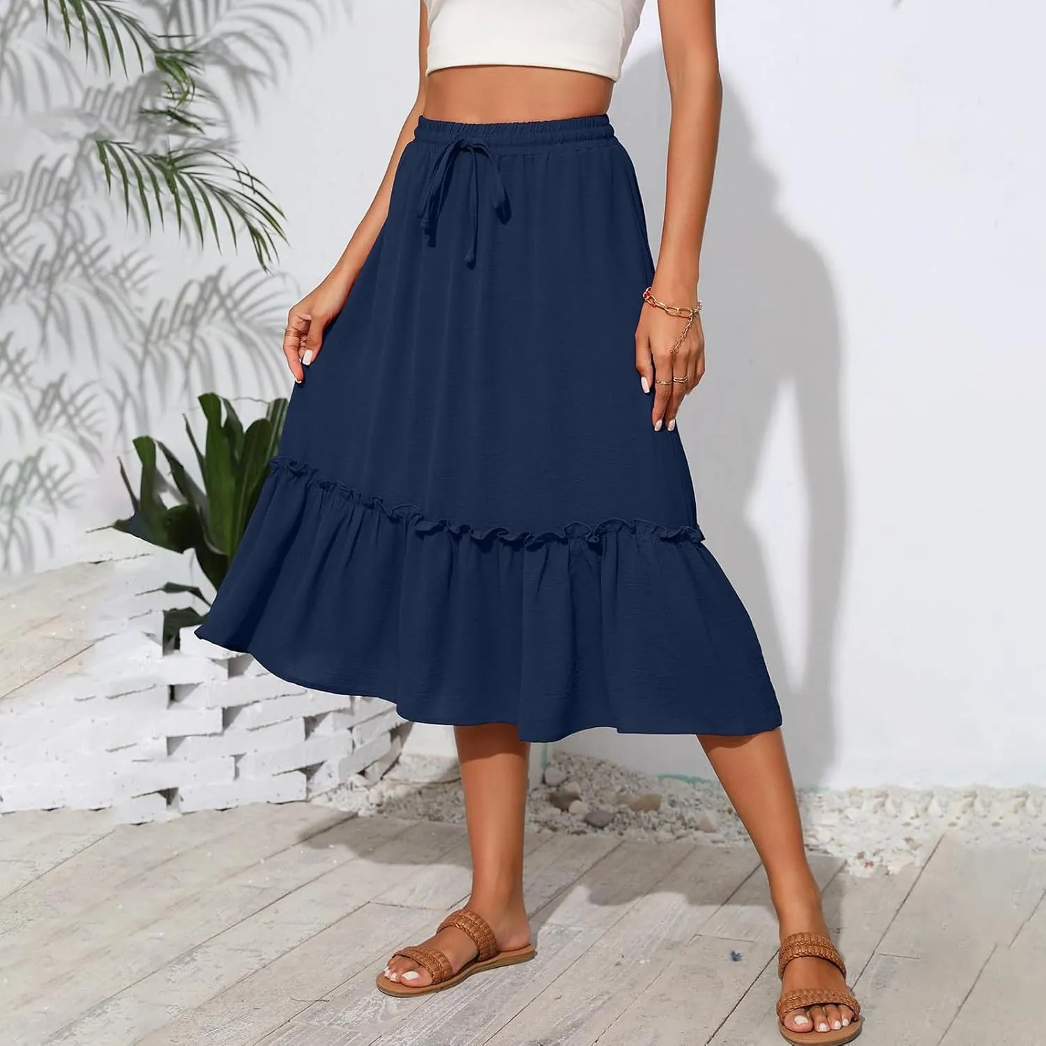 Tiered Midi Skirts for Women Flowy High Waisted Drawstring A Line Skirt with Pockets Summer Casual Cover Up Skirt