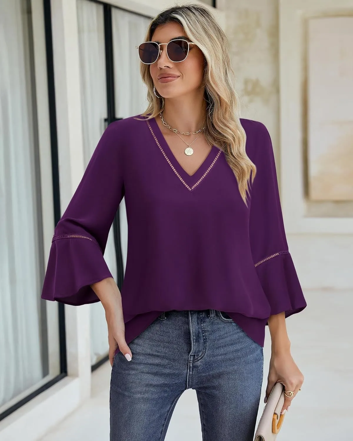 Timeson Women's Business Casual Tops 3/4 Sleeve Dressy Blouses Office Work Shirts