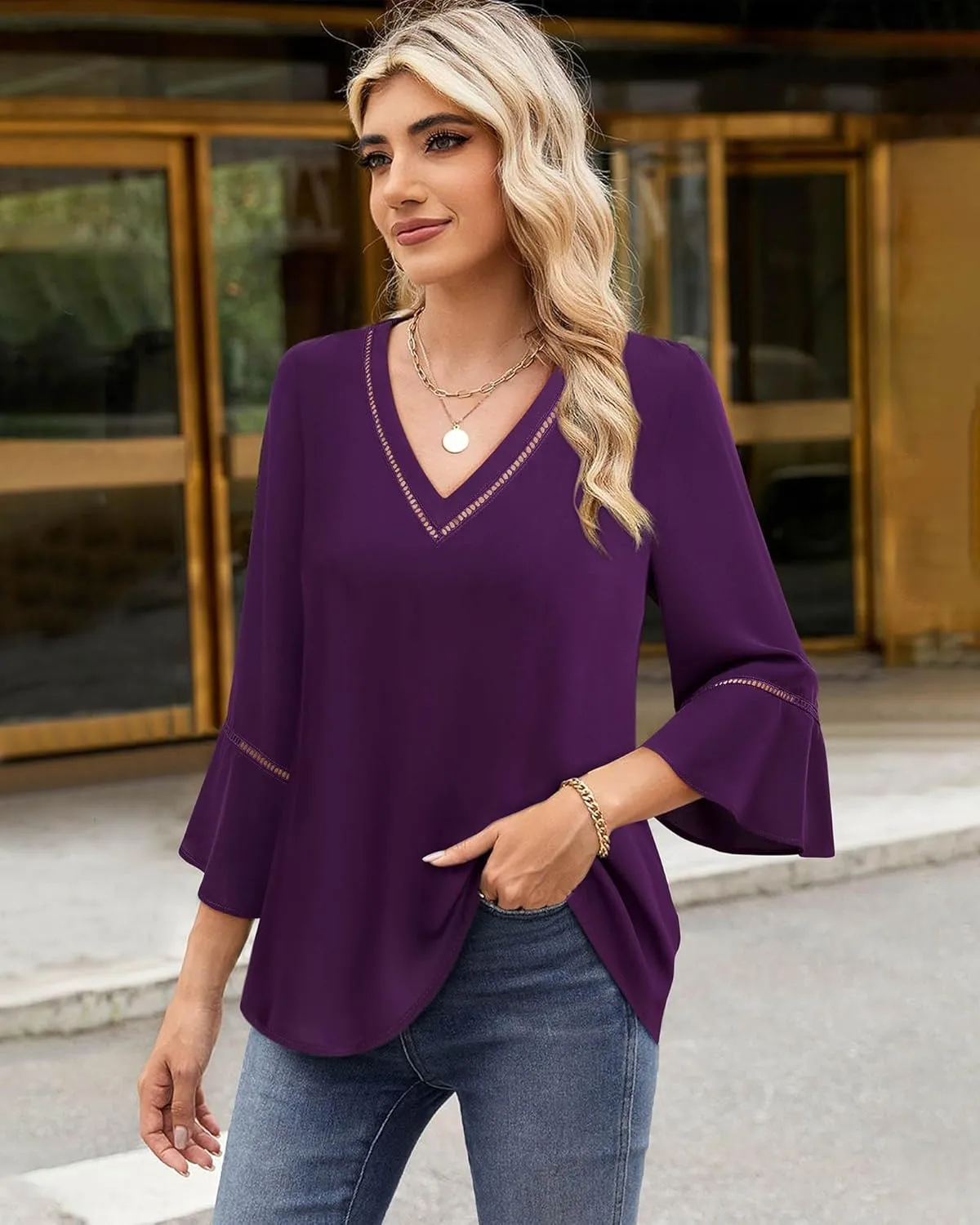 Timeson Women's Business Casual Tops 3/4 Sleeve Dressy Blouses Office Work Shirts