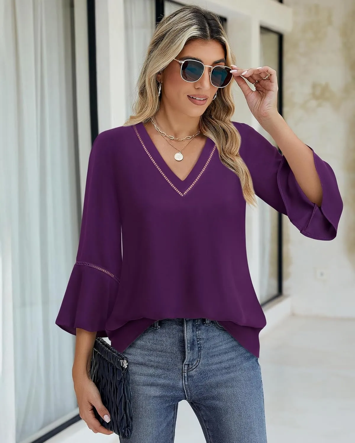 Timeson Women's Business Casual Tops 3/4 Sleeve Dressy Blouses Office Work Shirts