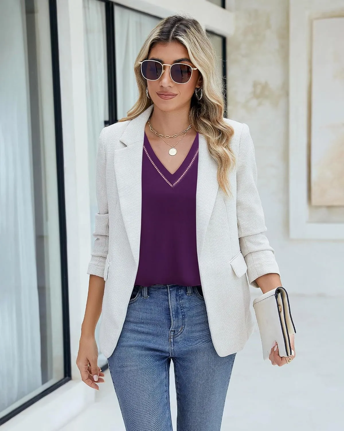 Timeson Women's Business Casual Tops 3/4 Sleeve Dressy Blouses Office Work Shirts