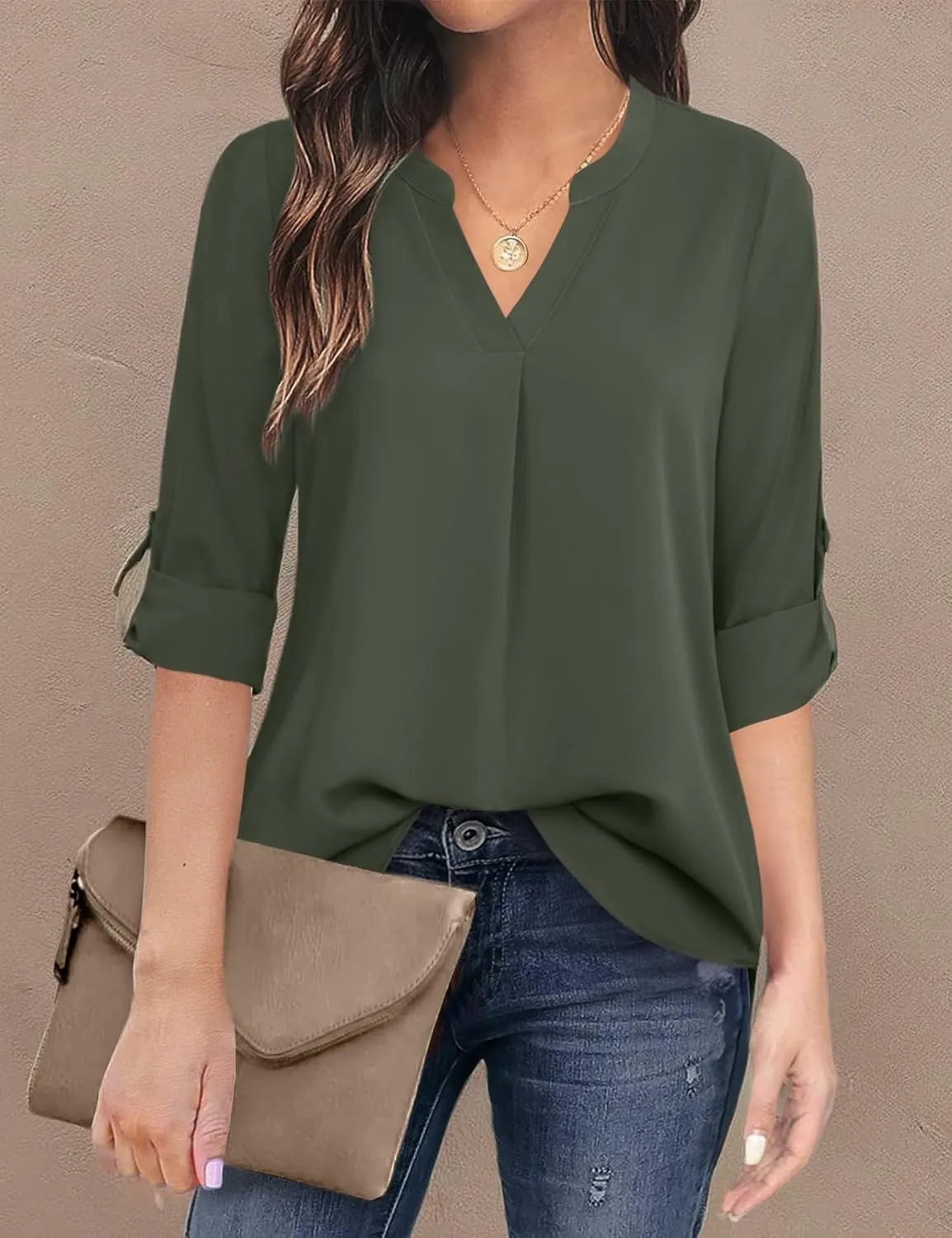 Timeson Women's Casual Chiffon V Neck 3/4 Sleeve Blouse Tops