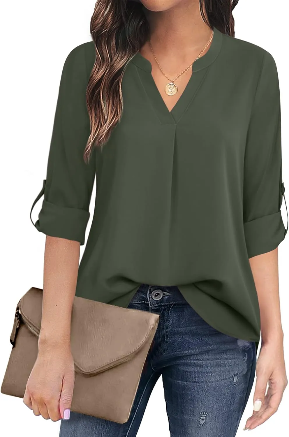 Timeson Women's Casual Chiffon V Neck 3/4 Sleeve Blouse Tops