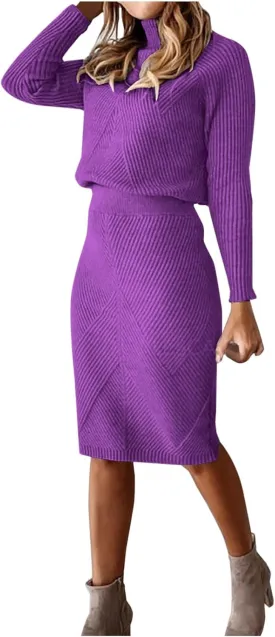Vifucz Skirt Sets Women 2 Piece Outfits Turtleneck Knitted Solid Pullover Sweater Stretchy High Waitst Midi Skirt Set S-3Xl