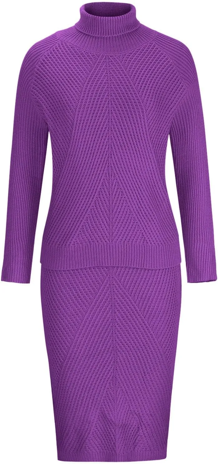 Vifucz Skirt Sets Women 2 Piece Outfits Turtleneck Knitted Solid Pullover Sweater Stretchy High Waitst Midi Skirt Set S-3Xl