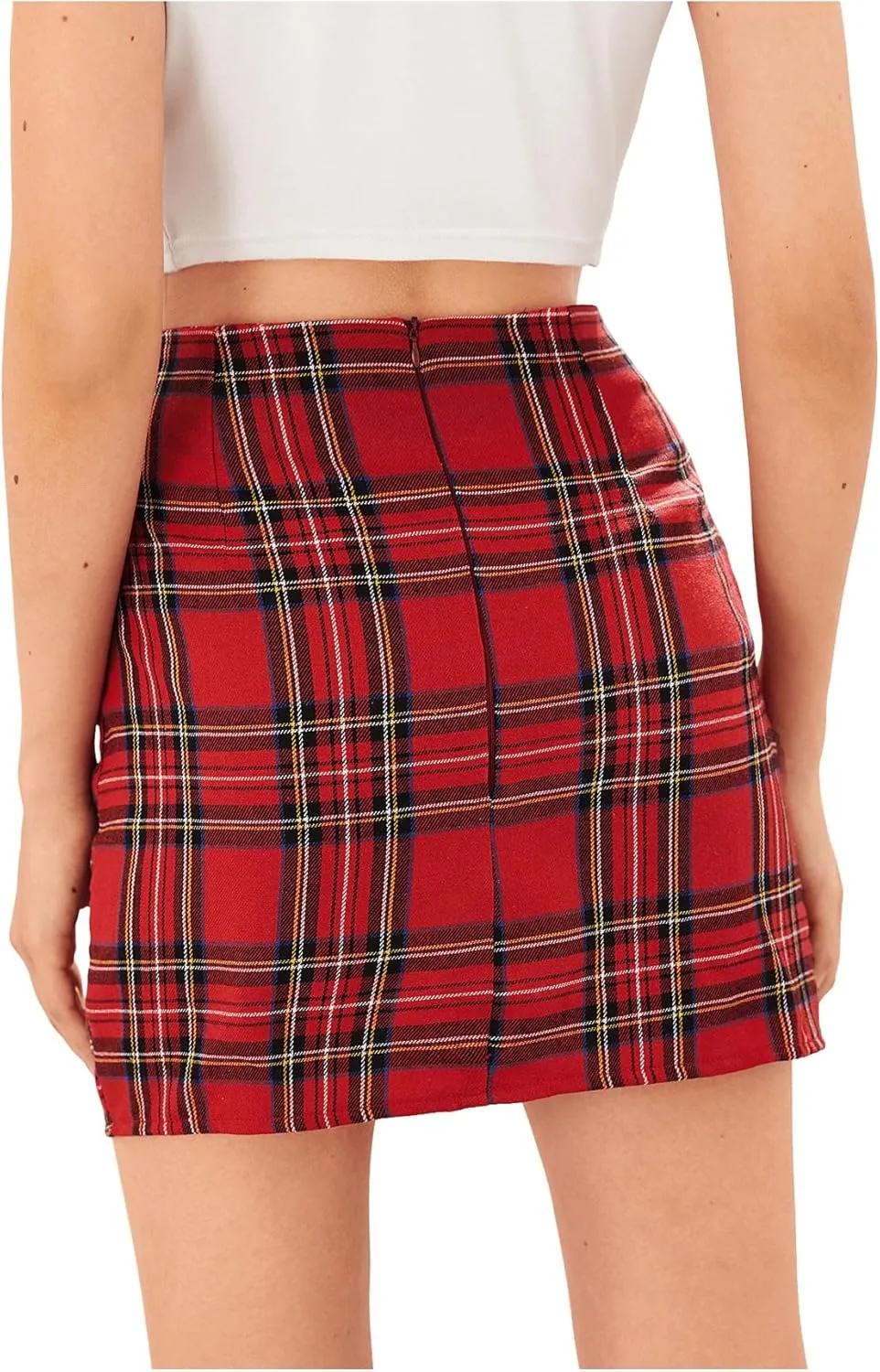 WDIRARA Women's Plaid Skirt High Waist Split Front Zip Up Mini Bodycon Skirt