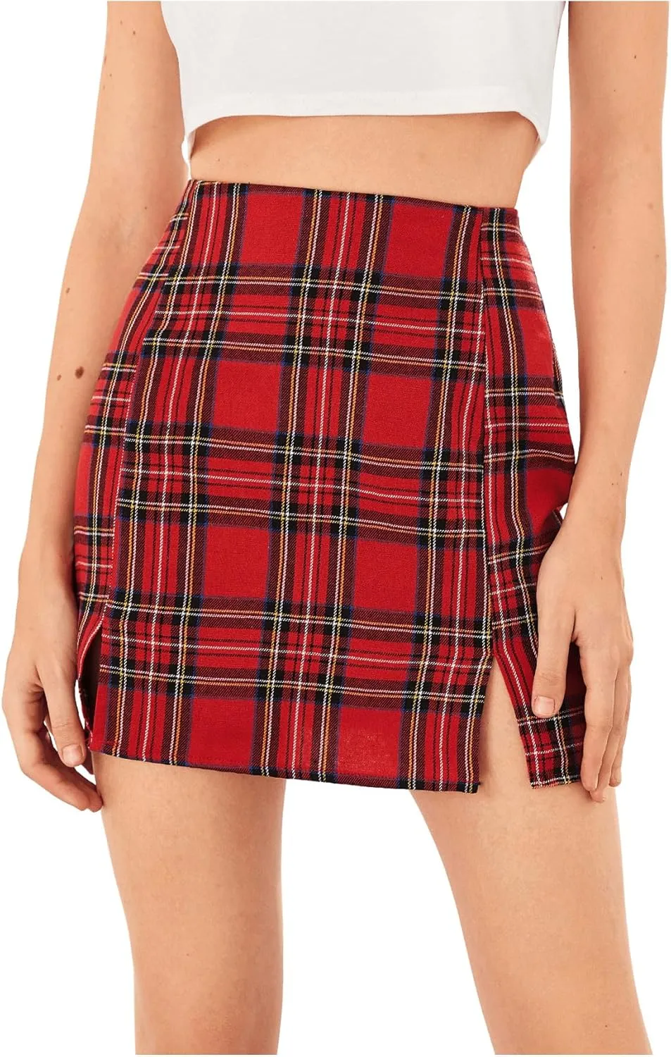 WDIRARA Women's Plaid Skirt High Waist Split Front Zip Up Mini Bodycon Skirt