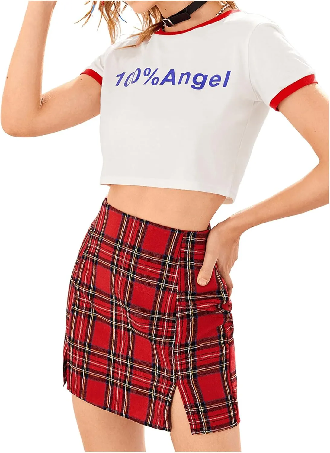 WDIRARA Women's Plaid Skirt High Waist Split Front Zip Up Mini Bodycon Skirt