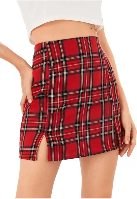 WDIRARA Women's Plaid Skirt High Waist Split Front Zip Up Mini Bodycon Skirt