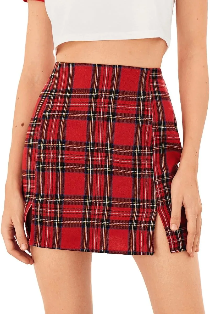 WDIRARA Women's Plaid Skirt High Waist Split Front Zip Up Mini Bodycon Skirt